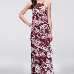 David's Bridal Floral Printed Waterfall Tier Maxi Dress